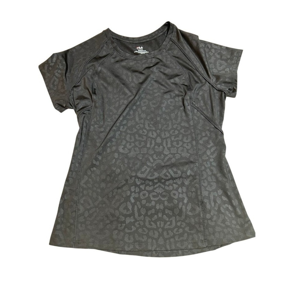 Fila Sport Womens Black Leopard Print Short Sleeve Activewear Top Size M Zipper